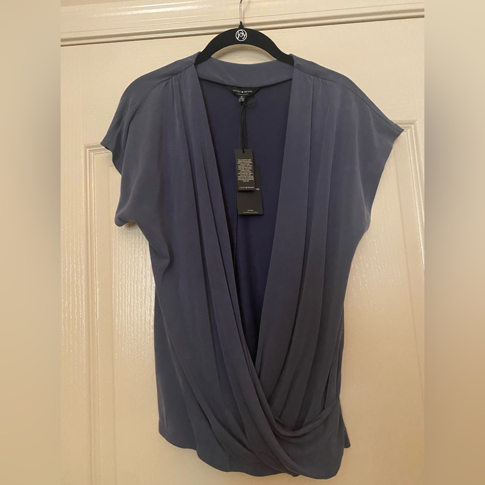 Blue-ish grey cross body Lucky Brand blouse, size M